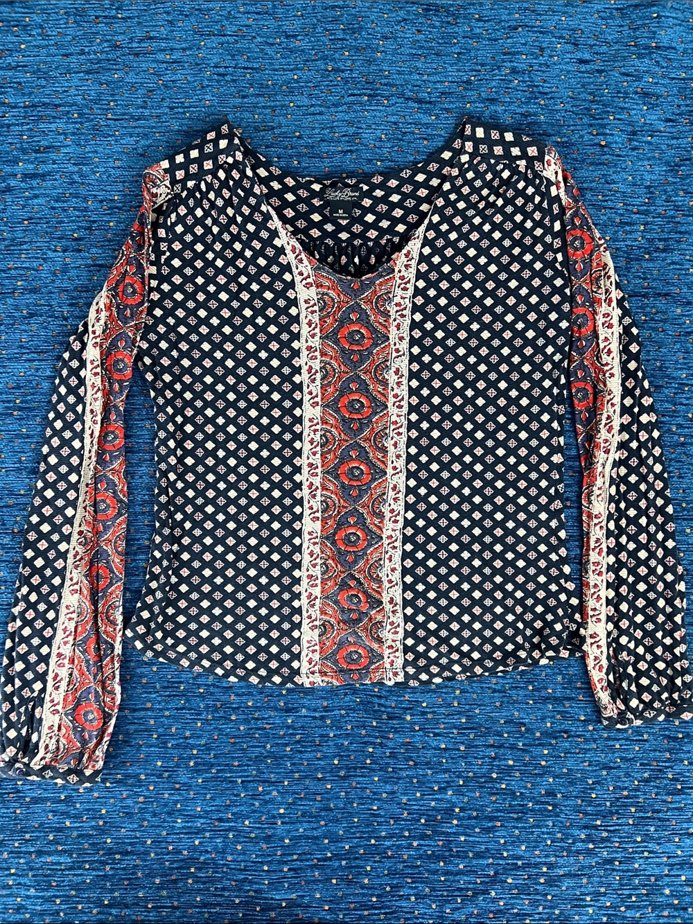 Lucky Brand Navy, Red and Cream Mixed-Print Long Sleeve Top size M